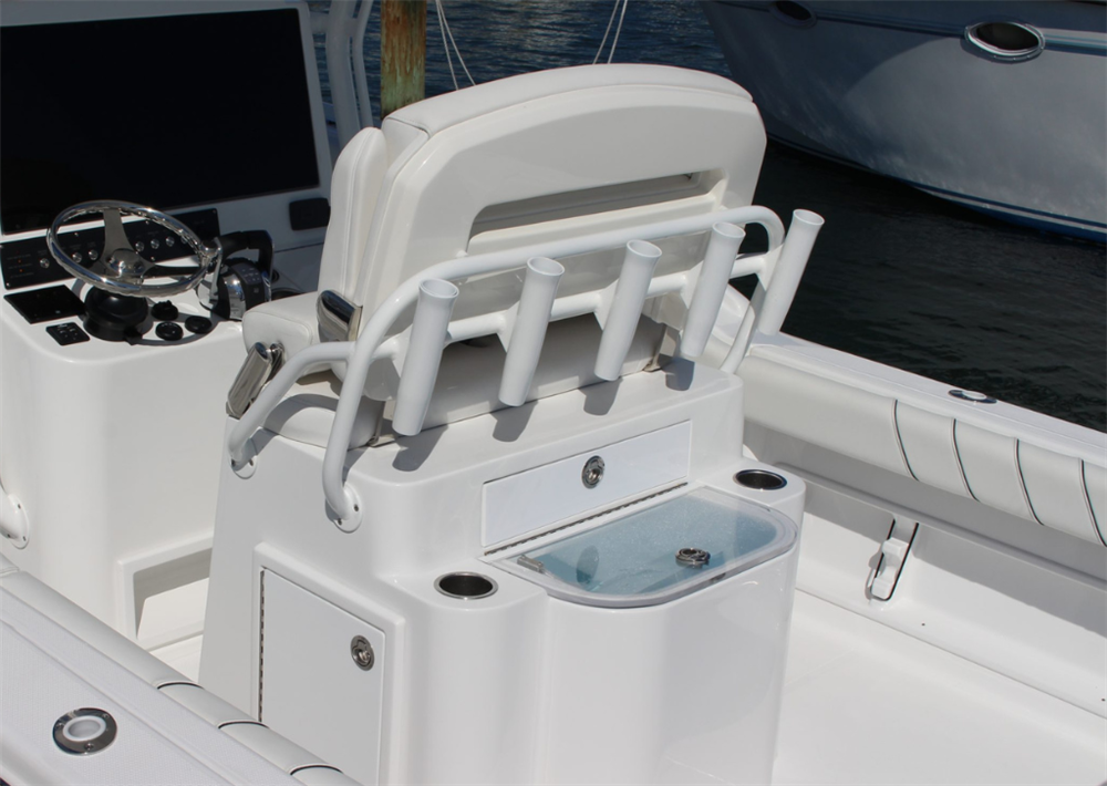 Back view of a custom Capri Deluxe Helm Bench onboard a Buddy Davis 28 Center Console. This bench features a fiberglass back.